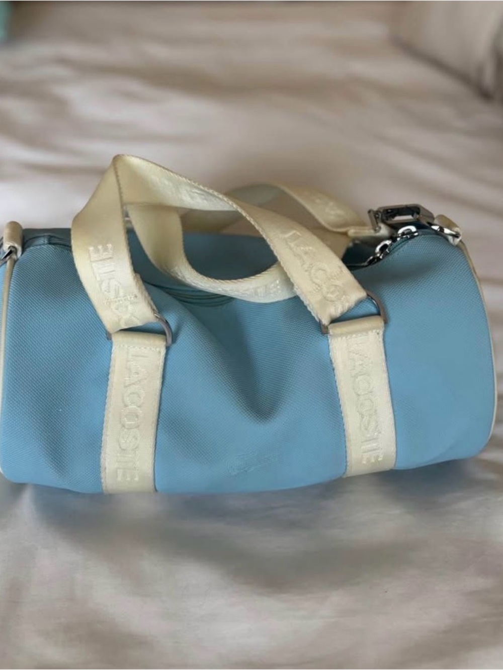Vintage Lacoste Sky Blue Mini Barrel Bag with Cream Straps